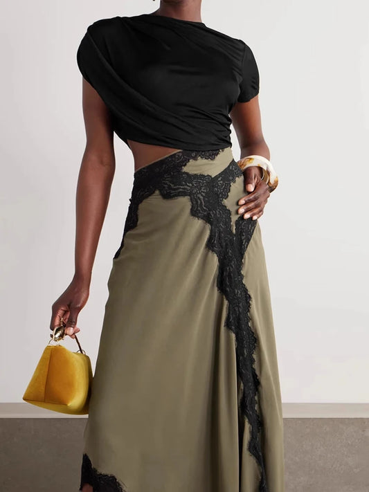 Summer O-neck Short Sleeved Long Dress Lace Patchwork Women's Evening Dress New 2025 Fashionable Hollow Irregular Maxi Dresses