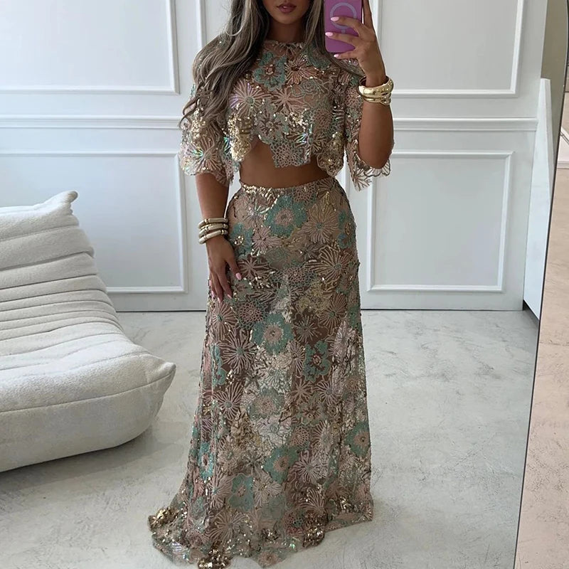 Embroidered Sequins O Neck Two Piece Set