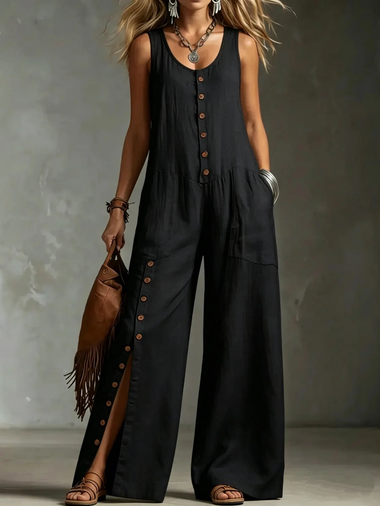 Sleeveless Solid Color Wide Leg Jumpsuit With Front Button Placket for Women