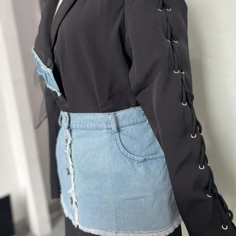 Stylish Patchwork Denim Mini Dresses Lace Deep V-neck Jacket Sexy Irregular Casual-chic Sexy Edgy Top Designers Streetwear