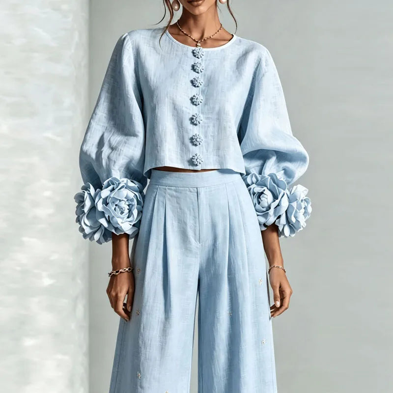 Puff Sleeve Floral Crop Top and Wide Leg Pants Set for Women