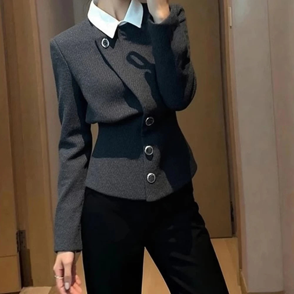 Grey Faux Two Piece Button Detail Casual Coat For Women