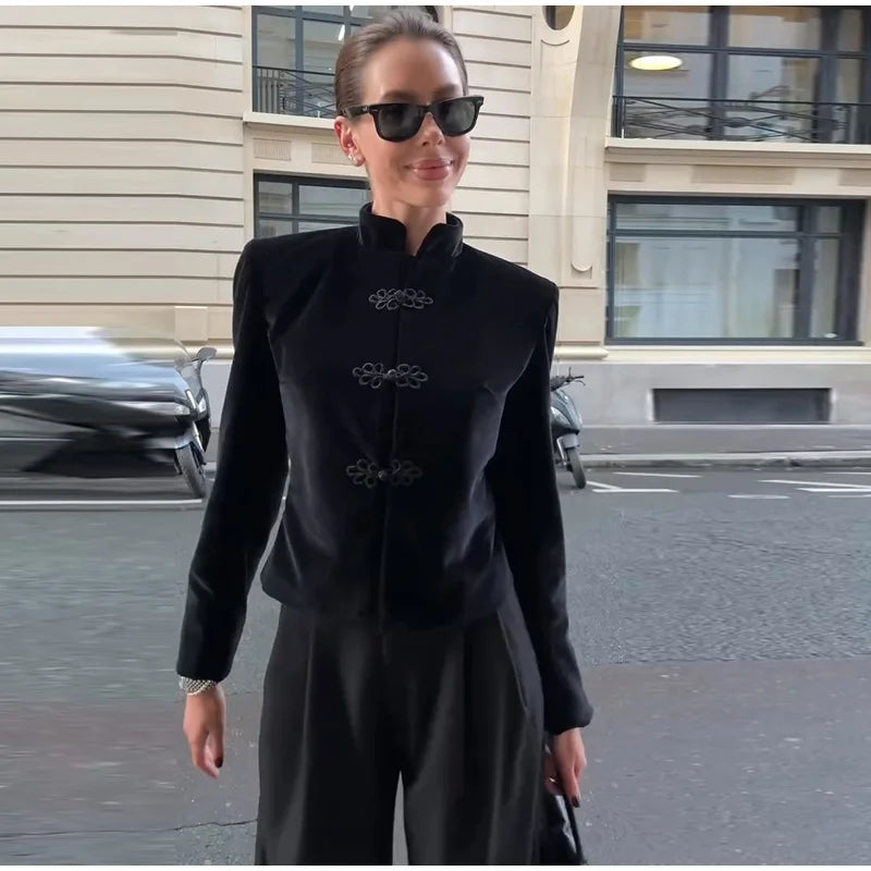 Chinese Knot Stand Collar Long Sleeve Jacket for Women