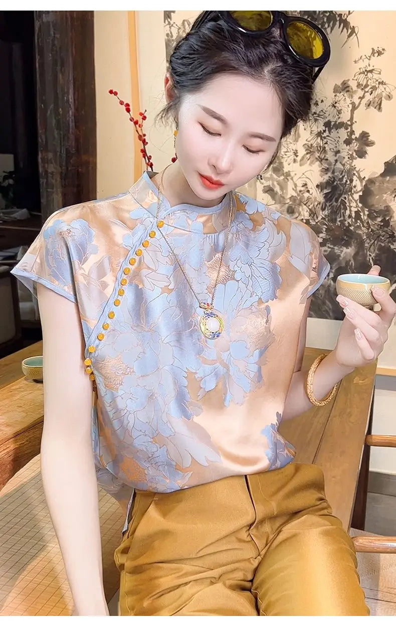 Chinese Inspired Floral Jacquard Satin Blouse For Women