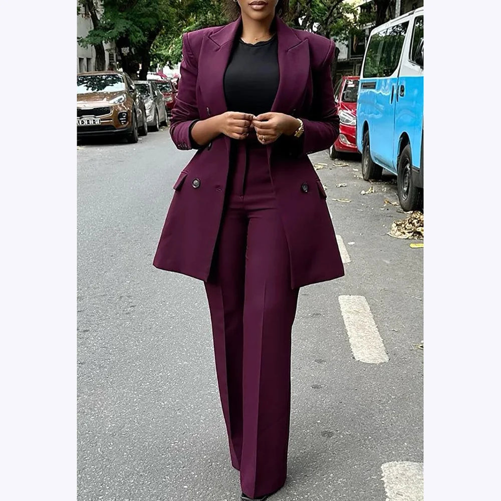 High Quality Women Suits Double Breasted Straight Formal 2 Piece Jacket Pants Peak Lapel High Street Daily Office Casual Suit