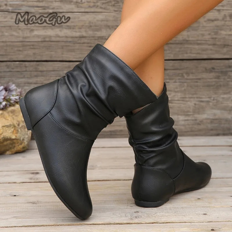 Modern Pleated Leather Square Heel Boots For Women
