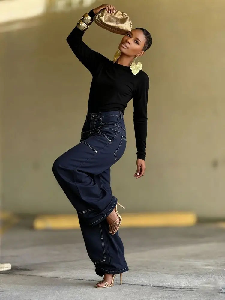 Loose Fit High Waisted Spliced Panel Jeans for Women
