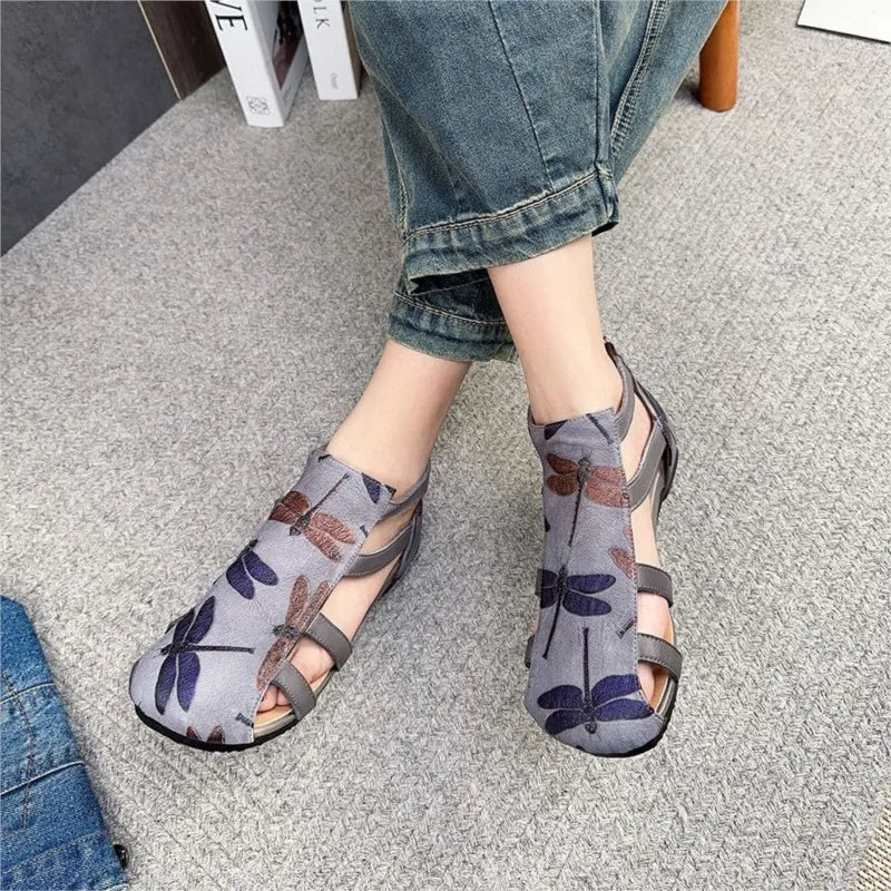 Flat Printed Genuine Leather Roman Sandals for Women