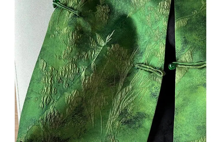 Green Chinese Style Embroidered Vest With Buckle for Women