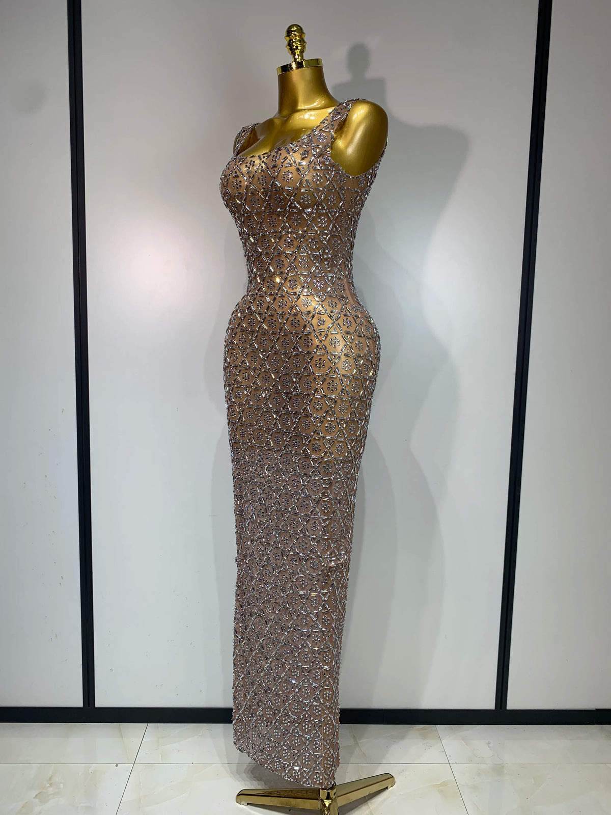 Rhinestone Mesh Evening Gown