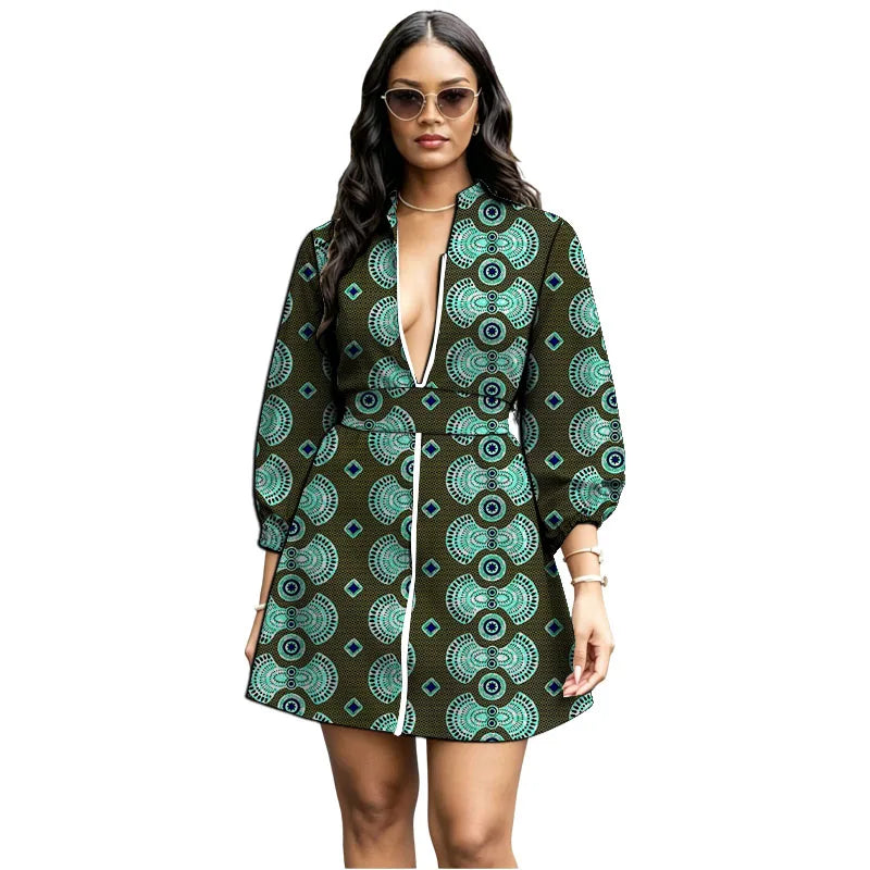 Zipper Belt African Print Loose Bishop Sleeve Dress for Women