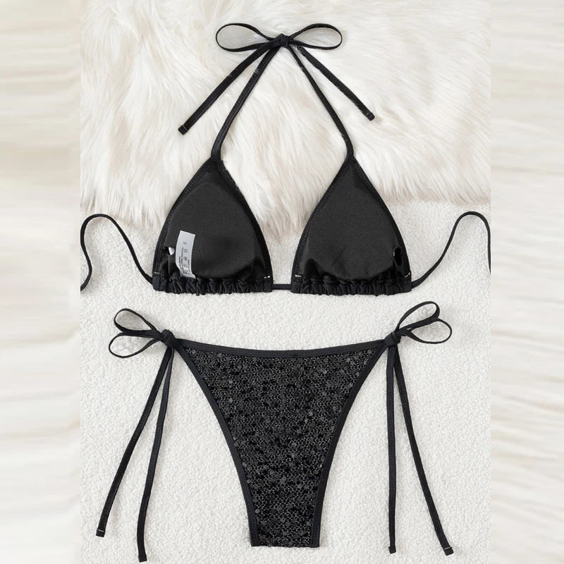 New Sequined Mesh Women's Bikini Two Piece Sets Beach Vacation Lace Up Slim Fit Swimsuit Summer Sexy Hollowed Out Beach Swimwear