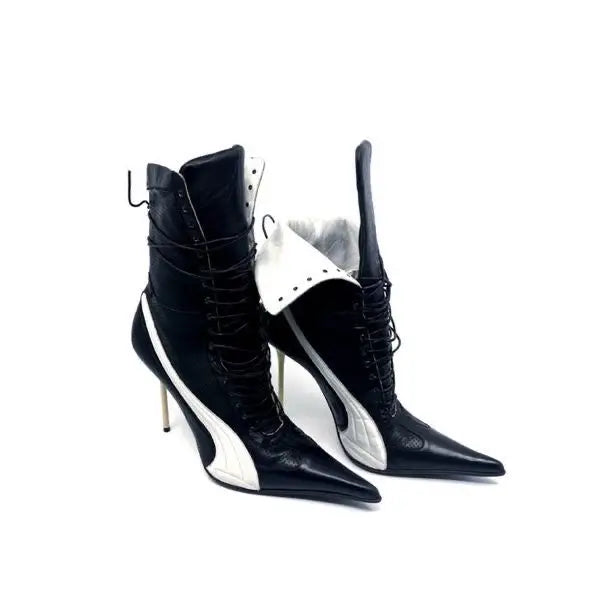 Black Red Leather Pointed Toe High Heel Ankle Boots For Women