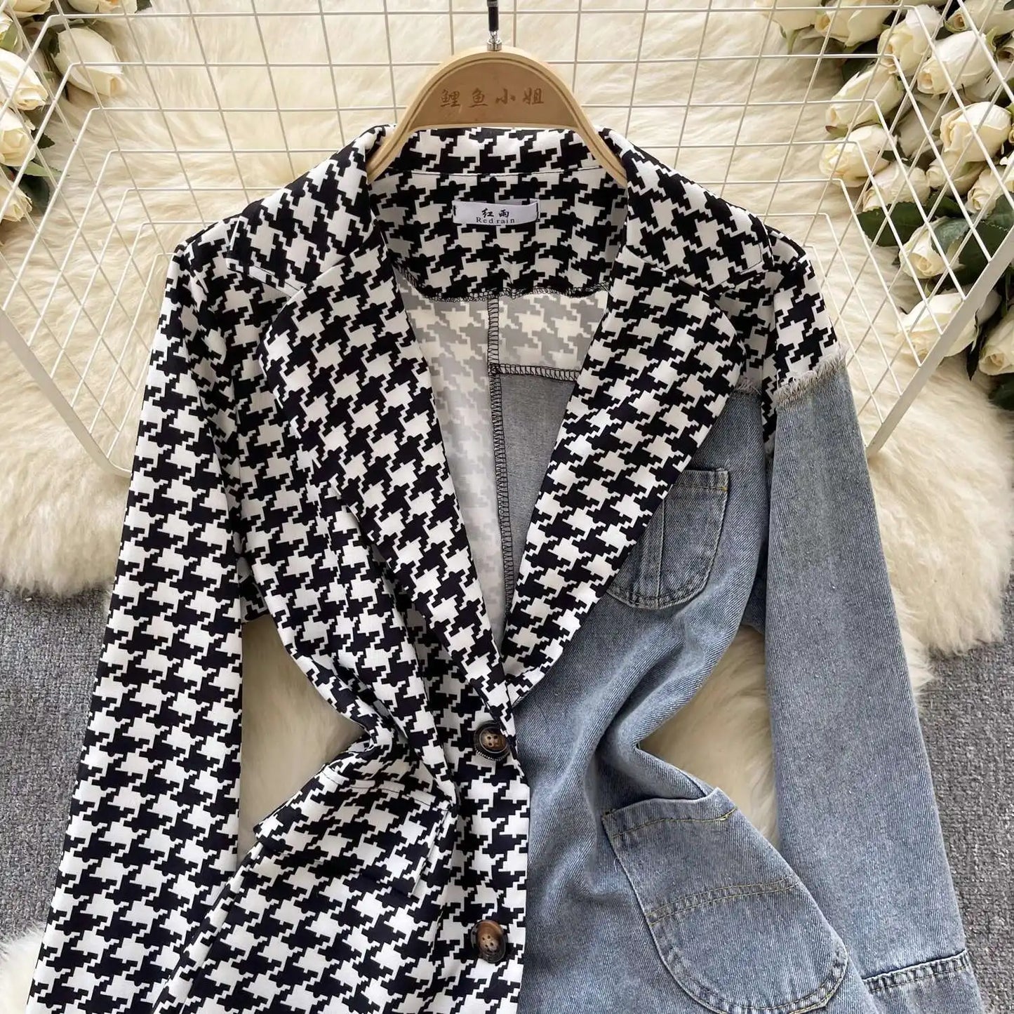 ANJY Autumn New Women Vintage Streetwear Ins Stylish Denim Patchwork Single Breasted Coat Casual Elegant Asymmetric Blazer A8421