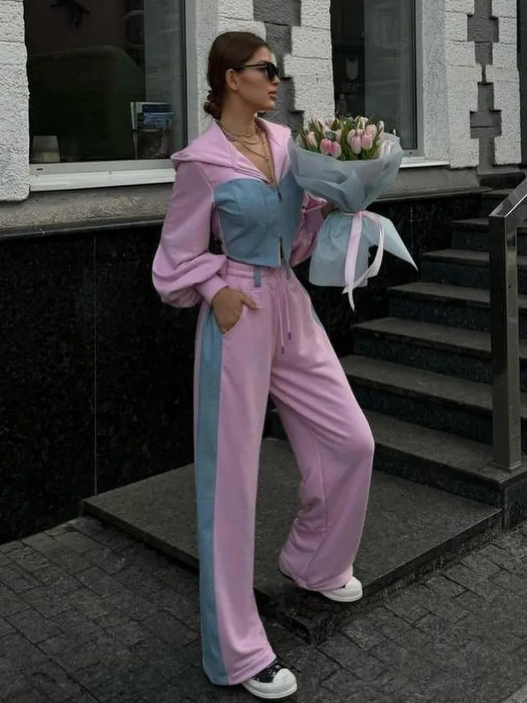 Fashion Patchwork Denim 2 Piece Sets Women Zip Hoodies Crop Top Wide Leg Sweatpants Suit Streetwear Casual Tracksuits Outfits