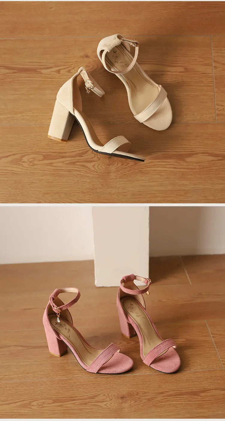 Beige Suede Rhinestone Block Heel Sandals