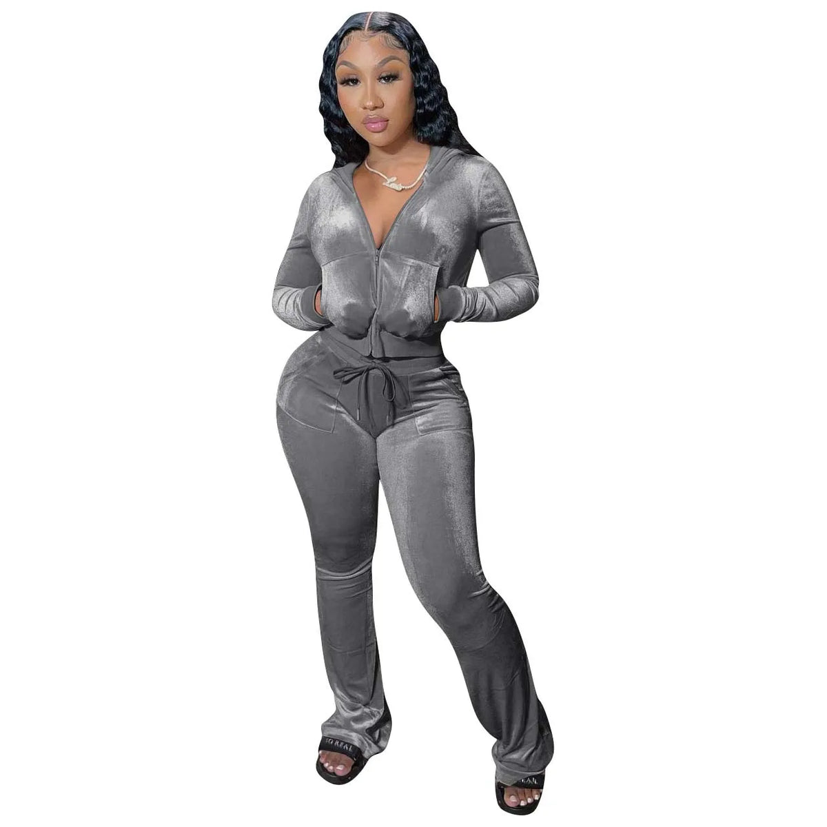 Hooded Zip Top And High Waist Pants Outfit Set for Women