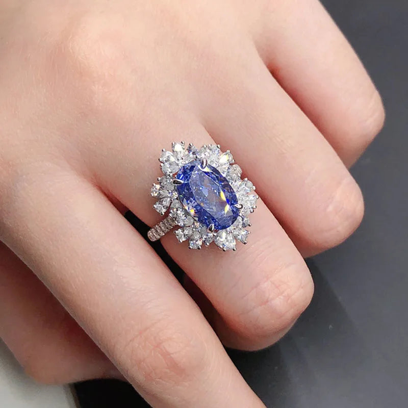 PANSYSEN Luxury 100% 925 Sterling Silver 4.5CT Oval Cut Sapphire High Carbon Diamond Ring Anniversary Party Fine Jewelry Gift