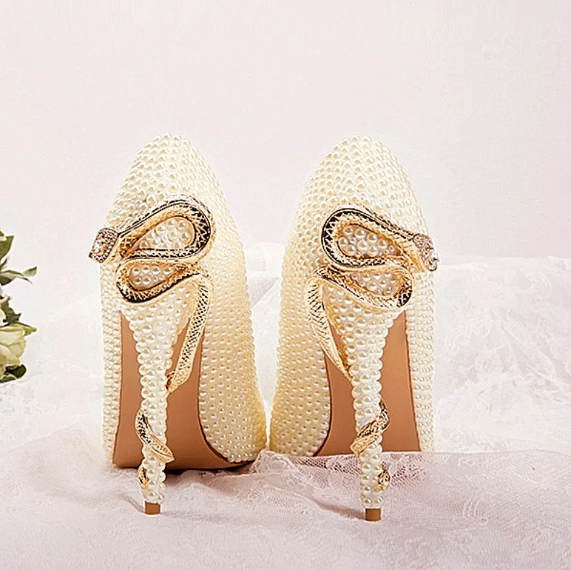 Golden Pearl Embellished Bridal High Heel Pumps For Women