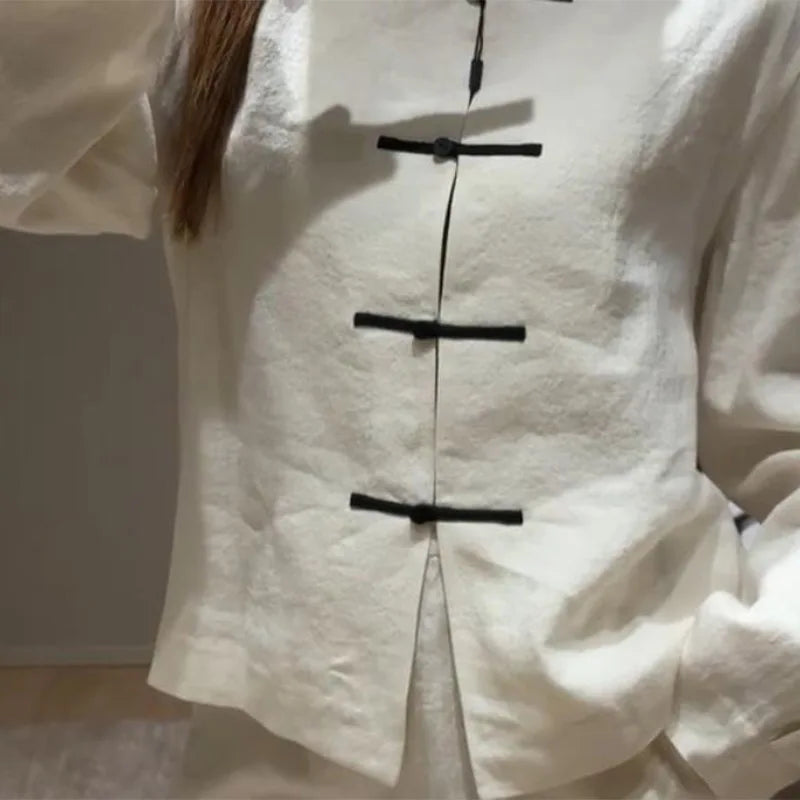 Casual Cotton Coat And Wide Leg Trouser Set for Women