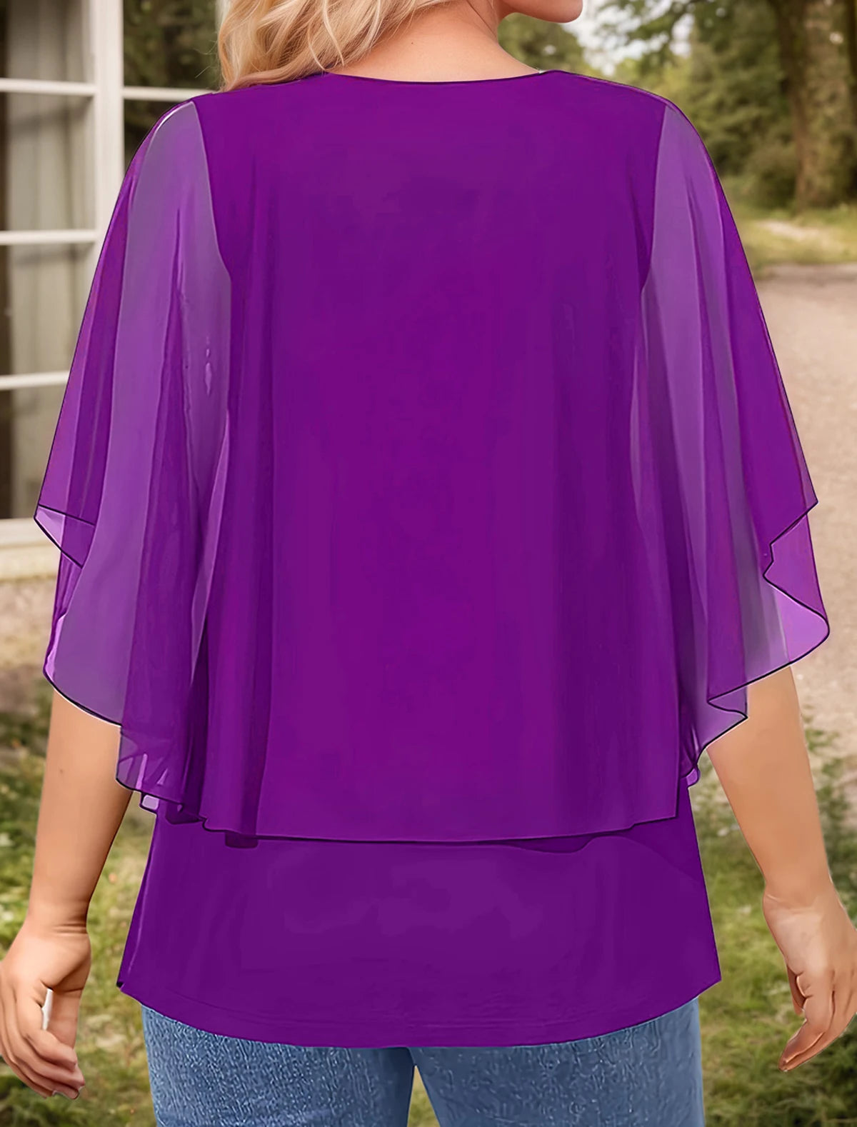 Women’s Plus Size Elegant Blouse Lace Patchwork 3/4 Sleeve Chiffon V-Neck Sequins Printed T-Shirt Double Layer Loose Female Tees