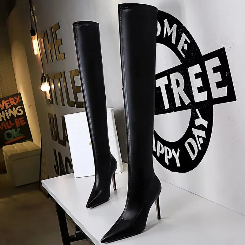 Black Leather Stiletto Over The Knee Boots for Women
