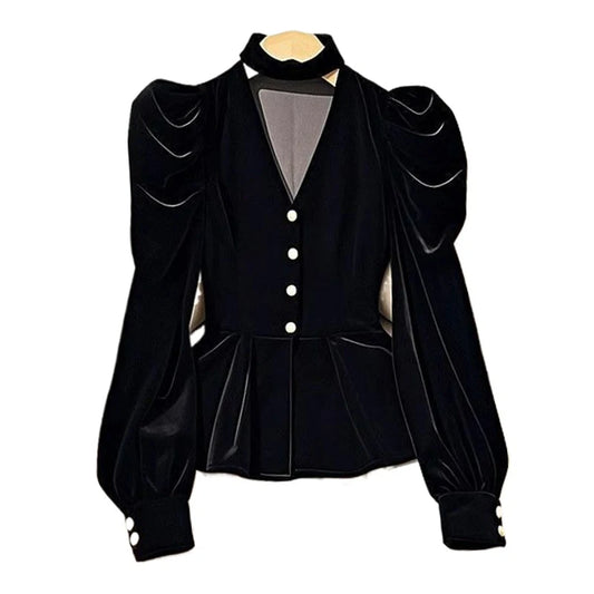 Black Velvet Long Sleeved Shirt for Women, 2025 Spring and Autumn New Top