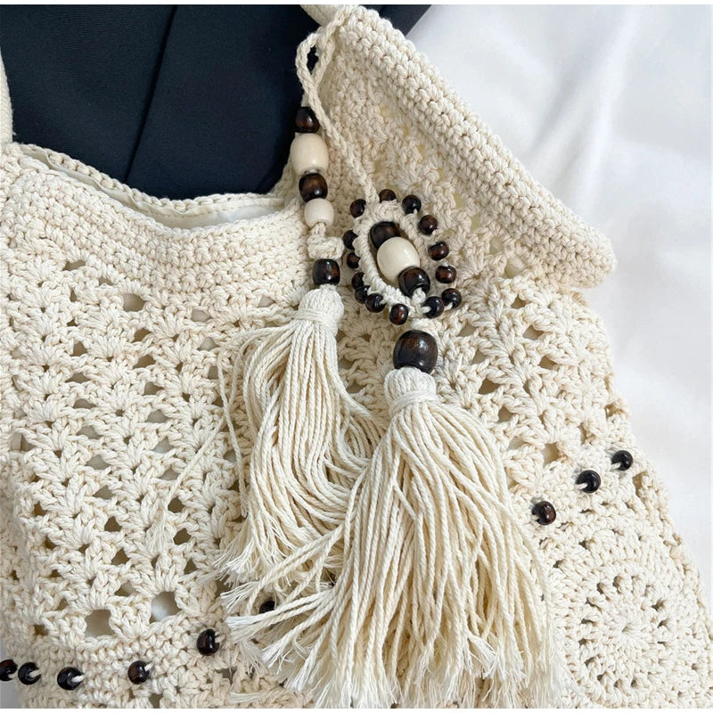 Hollow Crochet Women Bags Bohemian Large Capacity Handbags Korean Popular Bag New Tassel Cotton Shopping Bag Shoulder Bag Women
