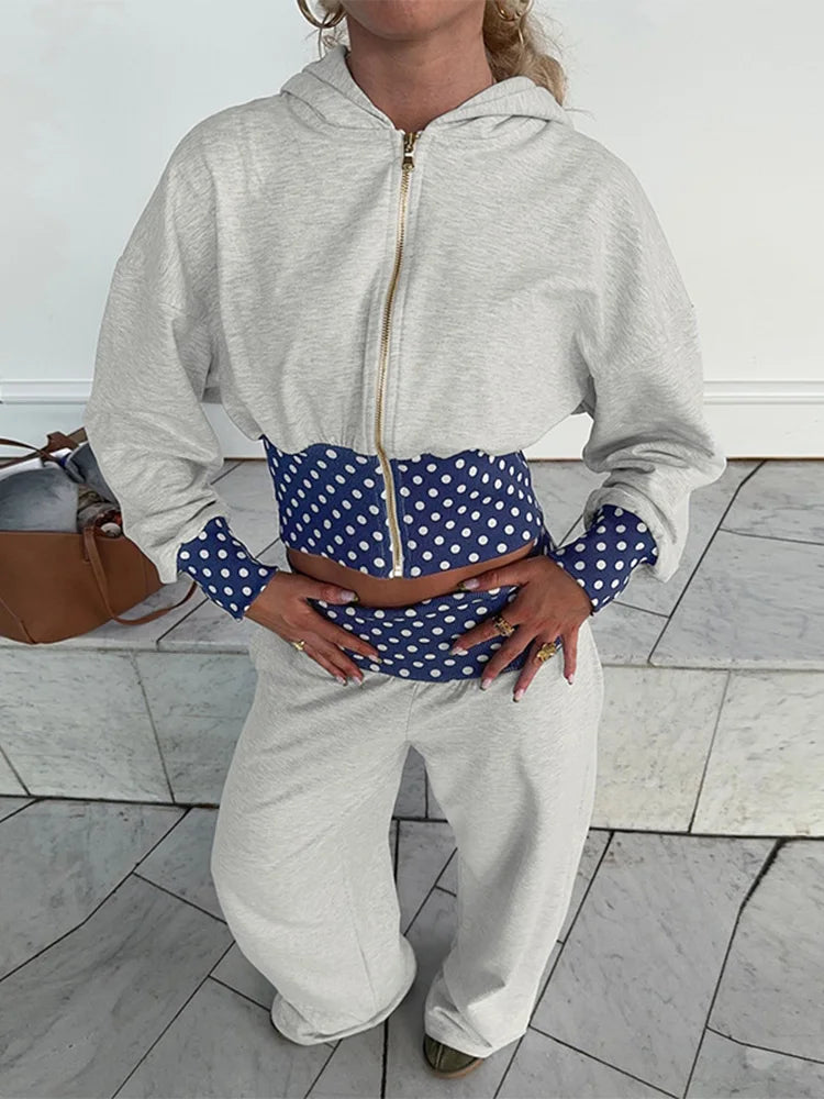 Polka Dot Hooded Zipper Crop Top And Wide Leg Pants For Women