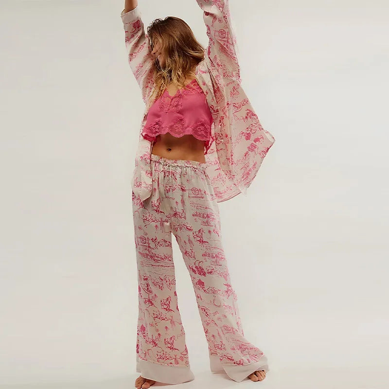 Casual Print Blouse and Wide Leg Pants Set for Women