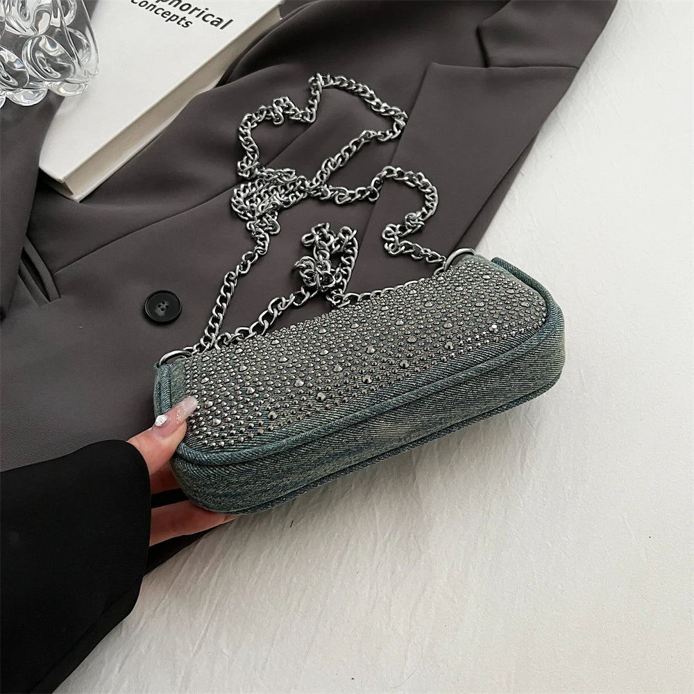 Rhinestone Appliqued Chain Shoulder Crossbody Bags for Women