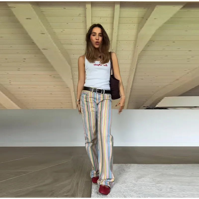 Color Block Rainbow Stripe Wide Leg Jeans for Women