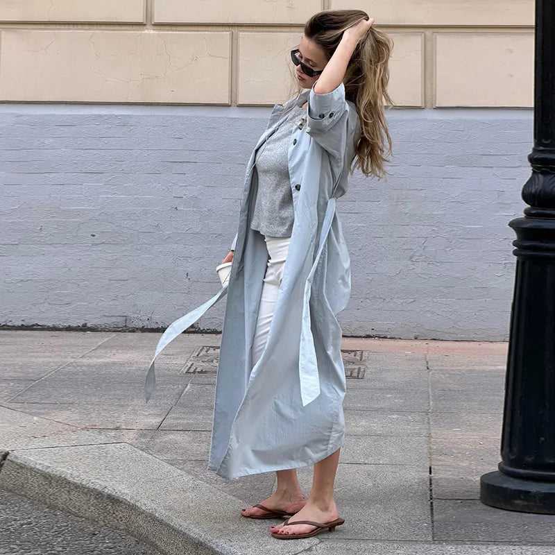 Lapel Collar Button Front Long Trench Coat With Waist Belt for Women