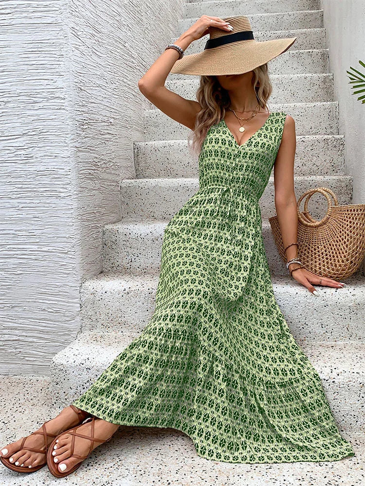Printed Spaghetti Strap V-Neck Dress With Waist Tie for Women