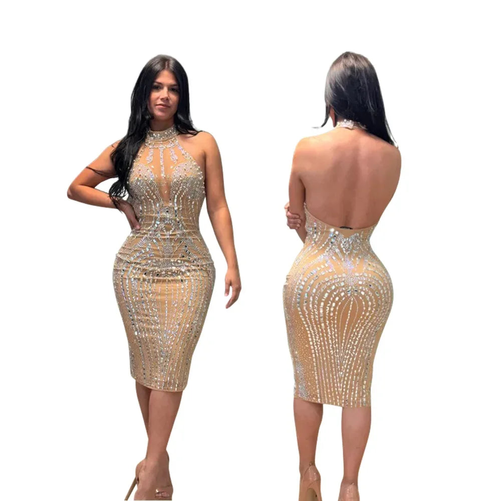 Rhinestone Embellished Sleeveless Bodycon Midi Dress for Women