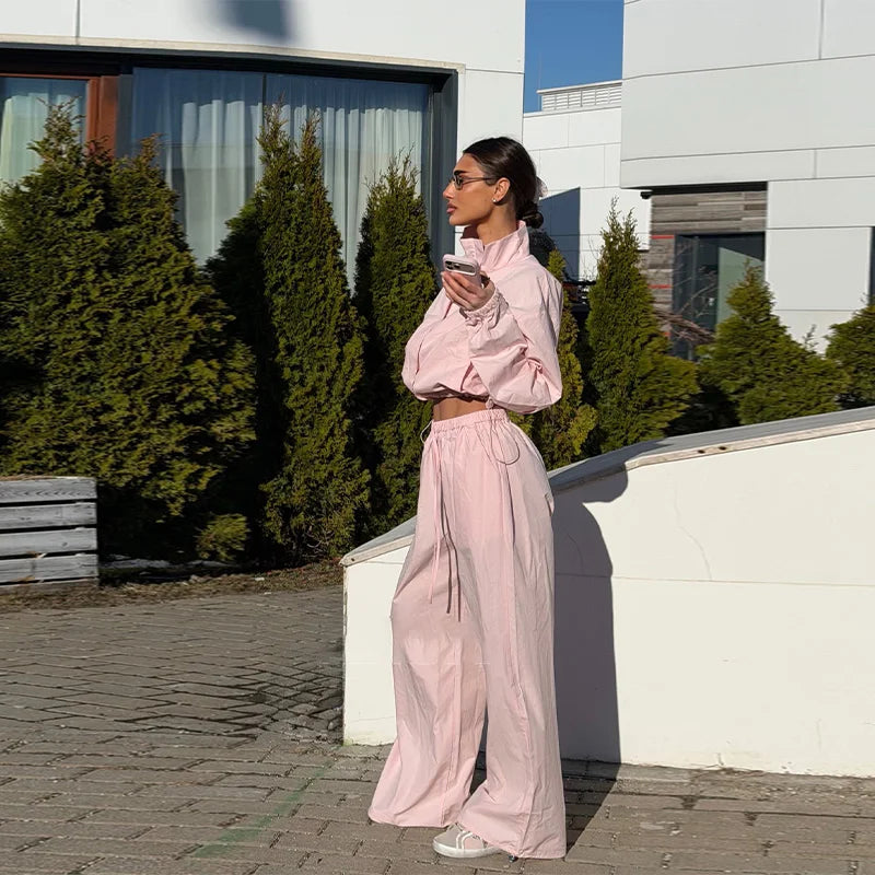 Solid Loose Suit Set with Stand Collar Crop Top and Drawstring Pants for Women