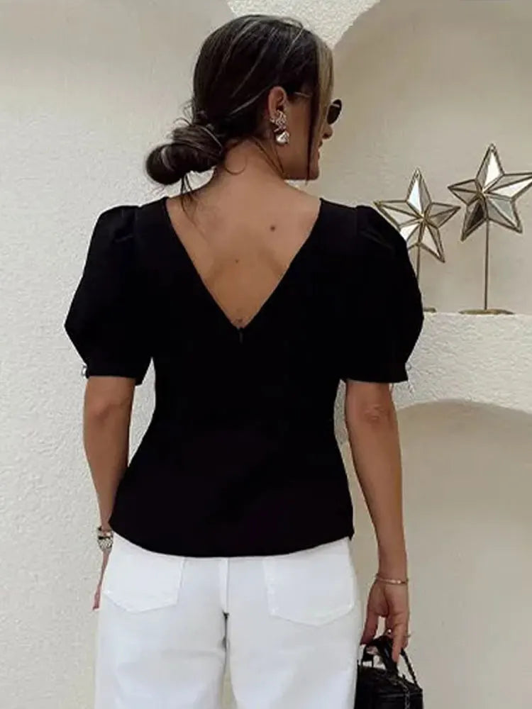 Pearl Bow Puff Sleeve Black Backless Top for Women