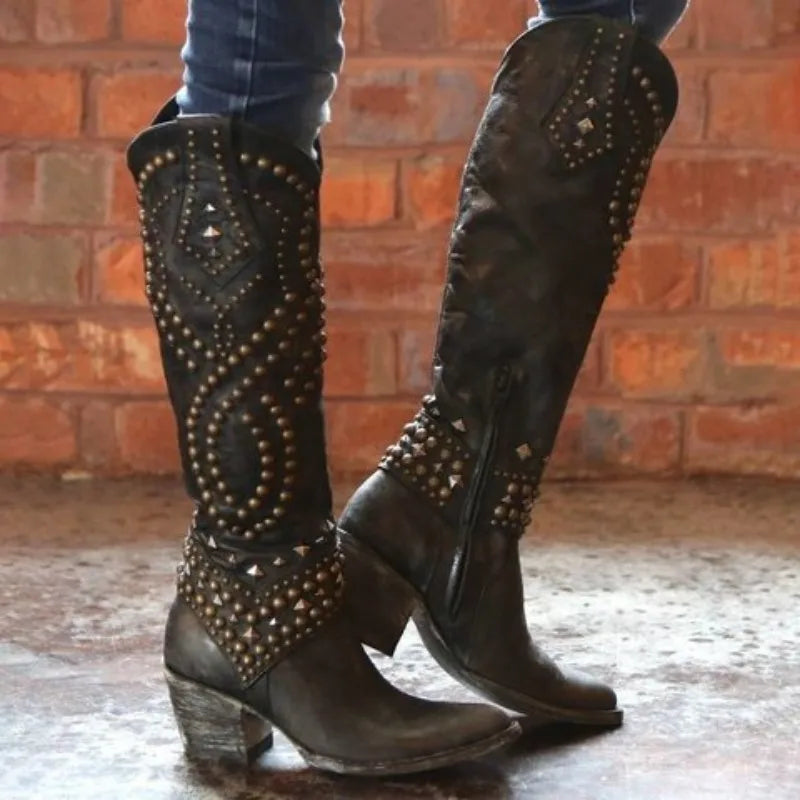 Riveted Western Pointed Toe Knee High Boots For Women