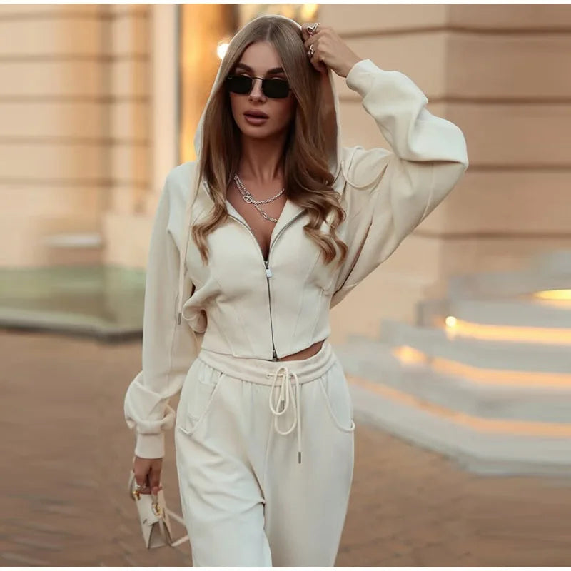 Zip Up Corset Hoodie And Wide Leg Sweatpants Two Piece Set For Women