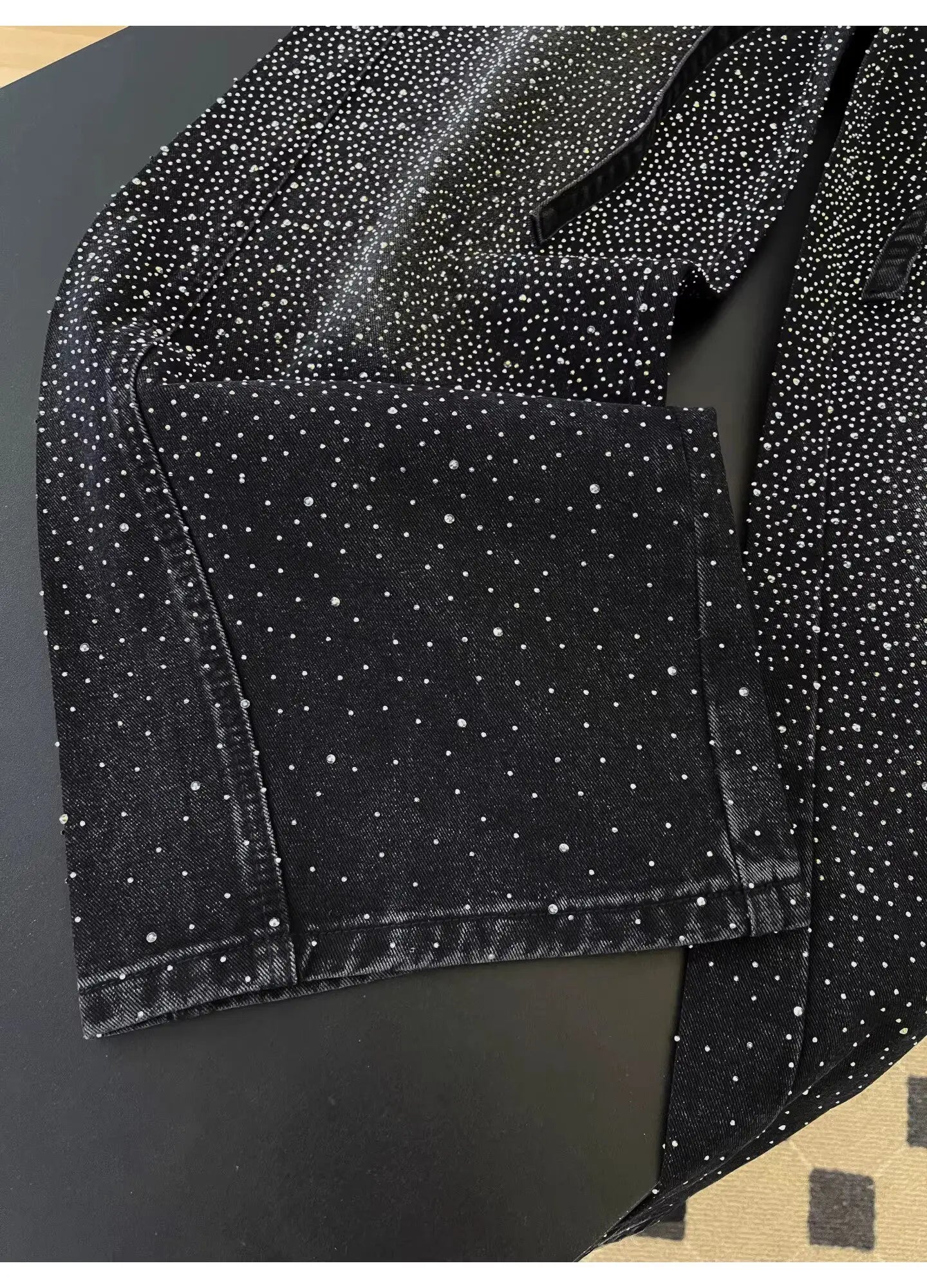 Glittering Rhinestone Wide Leg Denim Pants for Women
