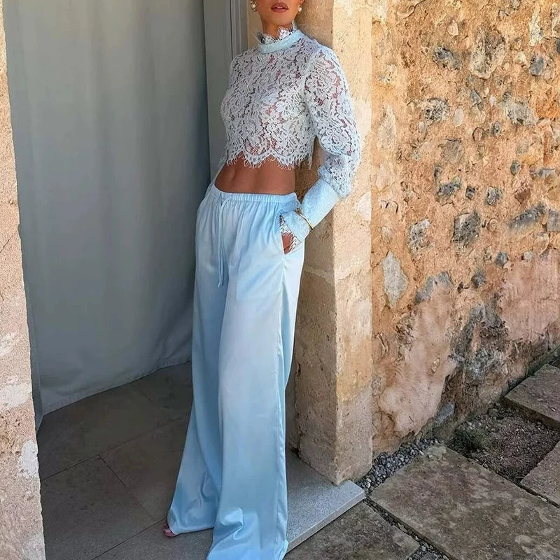 Long Sleeve Lace Two Piece Top And Pants Set for Women