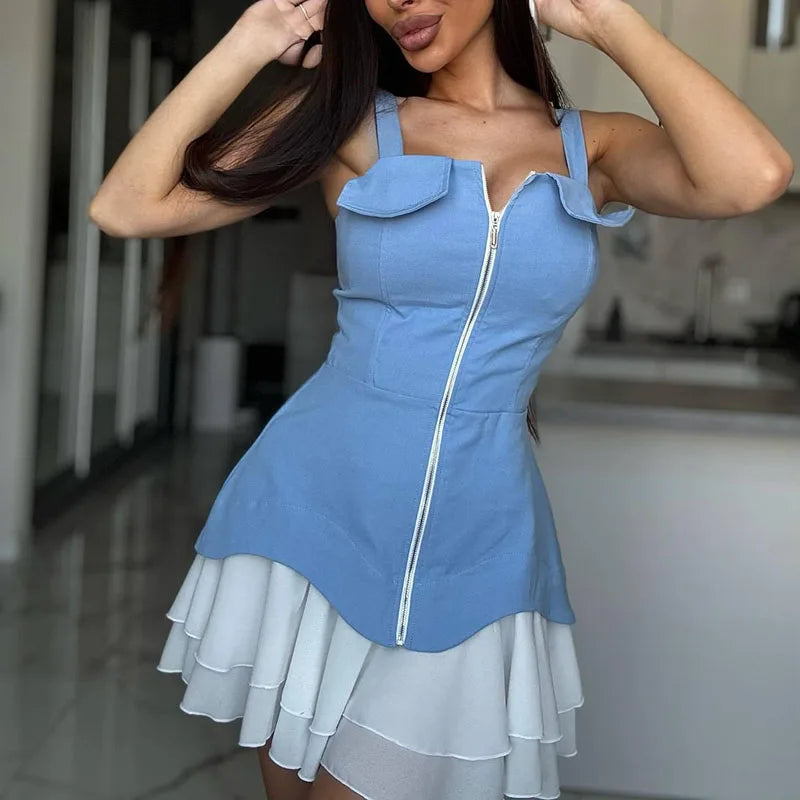 Sleeveless Square Neck Zipper Dress with Color Blocking for Women