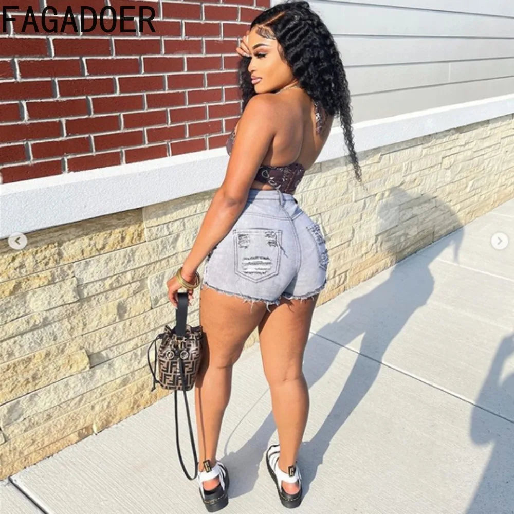 FAGADOER Gray Fashion Street Style Women High Waisted Button Denim Shorts Casual Female Solid Color Hole Matching Bottoms 2023