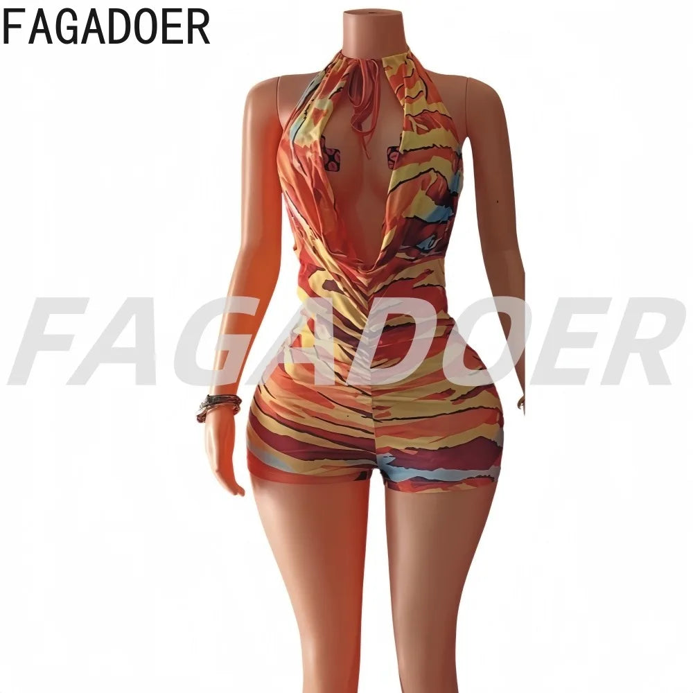 FAGADOER Sexy Printing Bodycon Bikini Rompers Women Halter Hollow Out Sleeveless Backless Jumpsuits Female Clubwear Overalls New