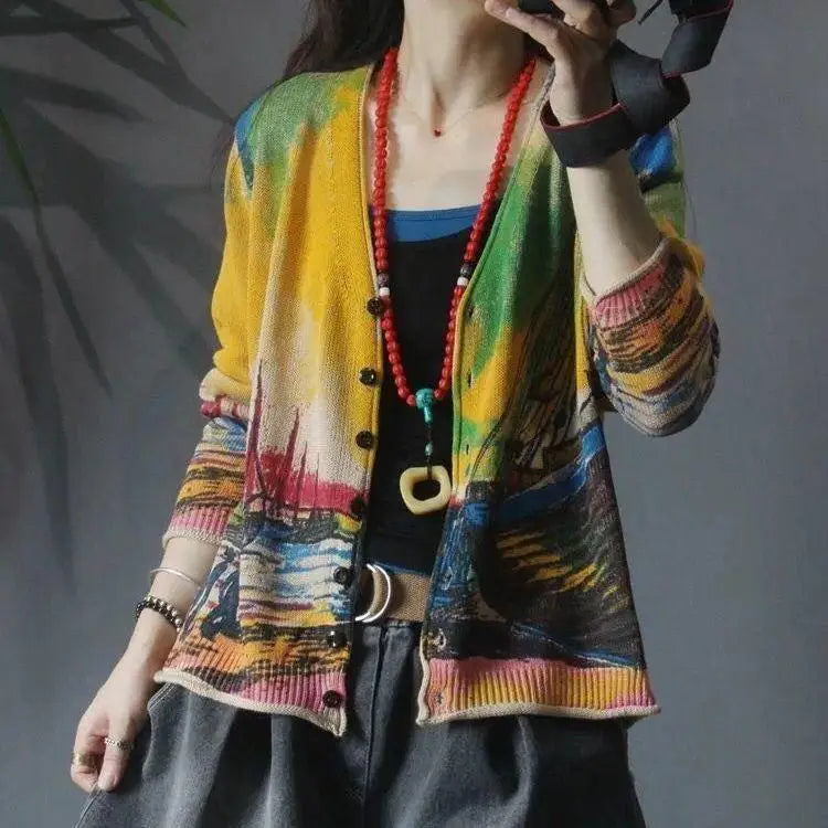 Women's Cardigans Loose V Neck Graphic Ladies Knit Sweaters Outerwear Fall 2025 Lightweight Korean Streetwear Fashion Hot Y2k