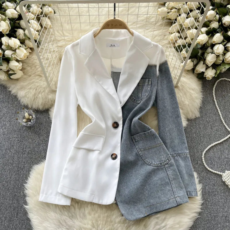 ANJY Autumn New Women Vintage Streetwear Ins Stylish Denim Patchwork Single Breasted Coat Casual Elegant Asymmetric Blazer A8421
