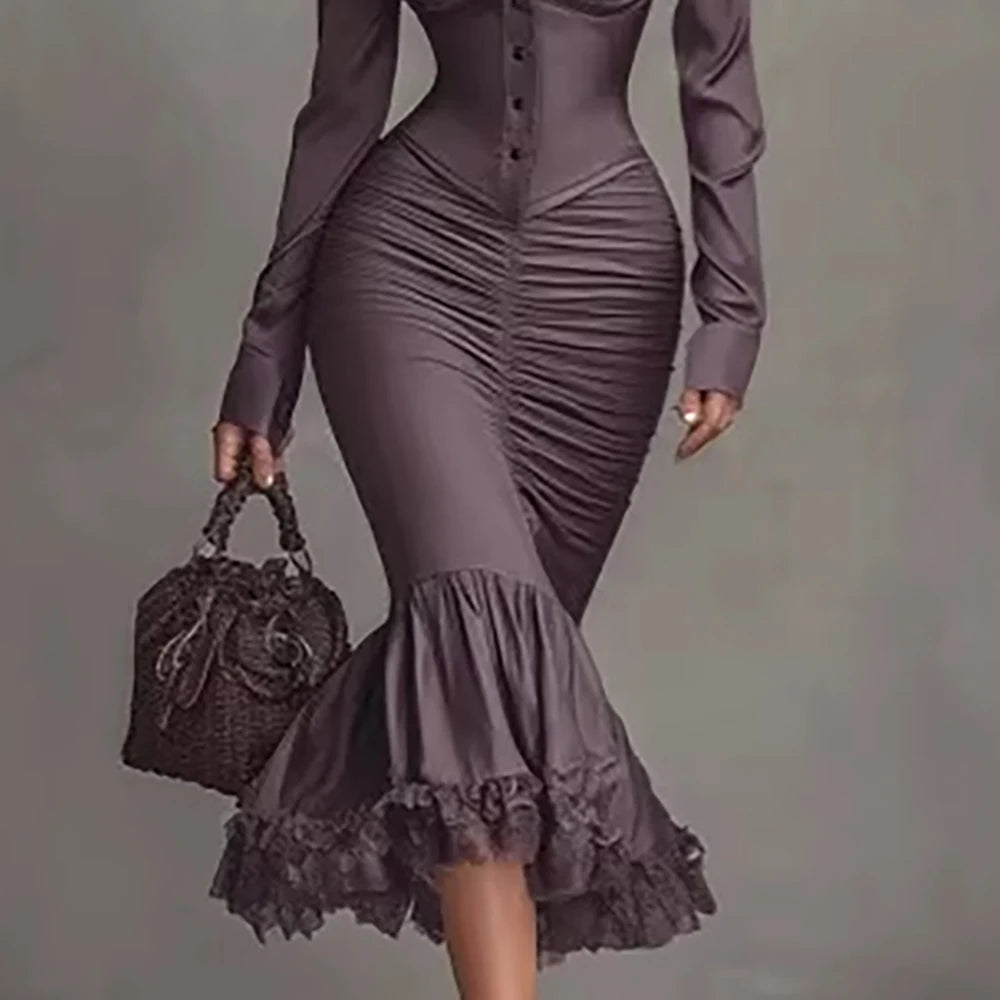 Solid Color Long Sleeve Mermaid Maxi Dress With Buttons And Ruffle Hem For Women