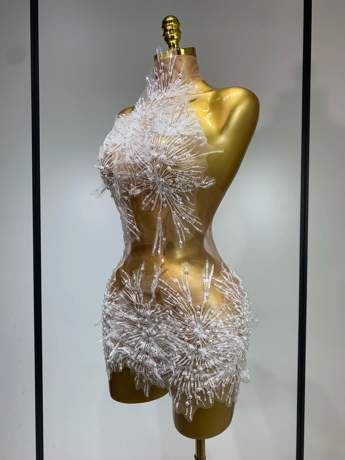 Women Sexy Mesh See Through Pearl Lace Party Mini Dress Celebrate Birthday Photo Shoot Wear Performance Stage Costume