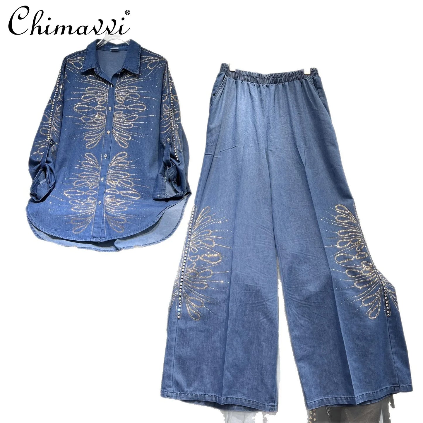 Heavy Industry Hot Diamond Temperament Pants Set 2025 Summer New Fashion Loose Shirt Top Wide Leg Pants Women's Two-piece Set