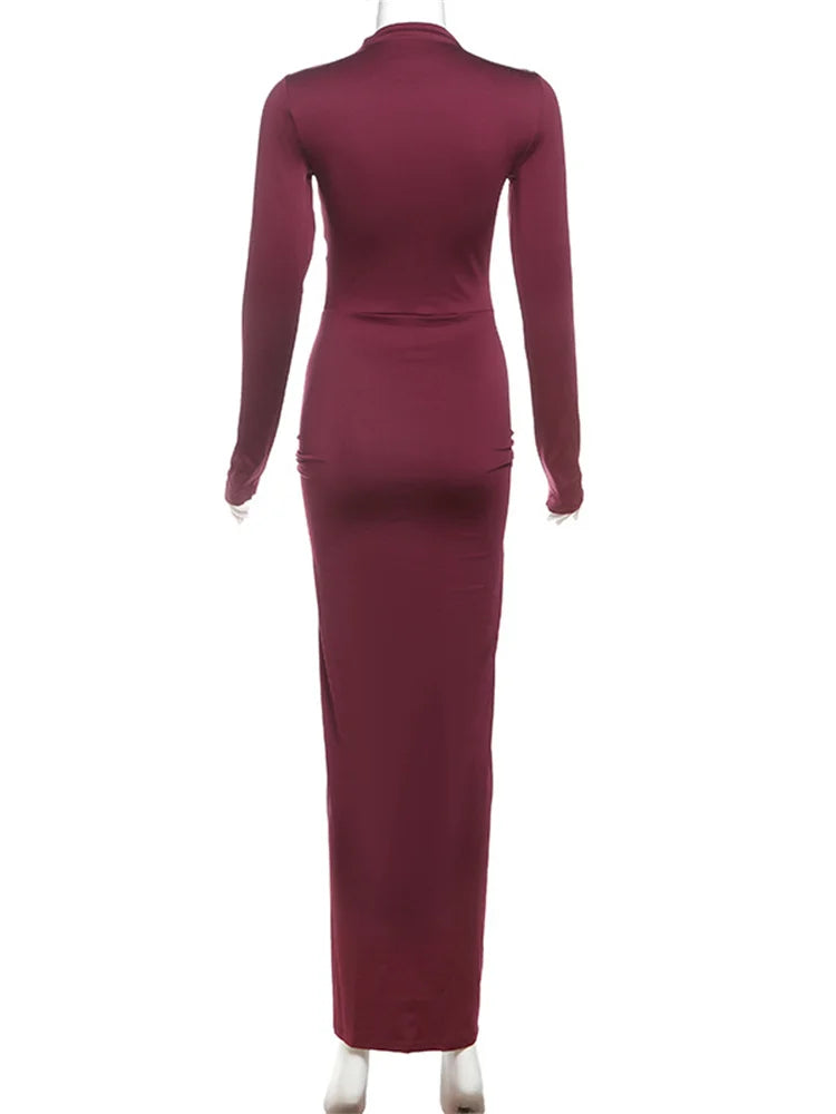 Shirred High Neck Long Sleeve Maxi Dress for Women